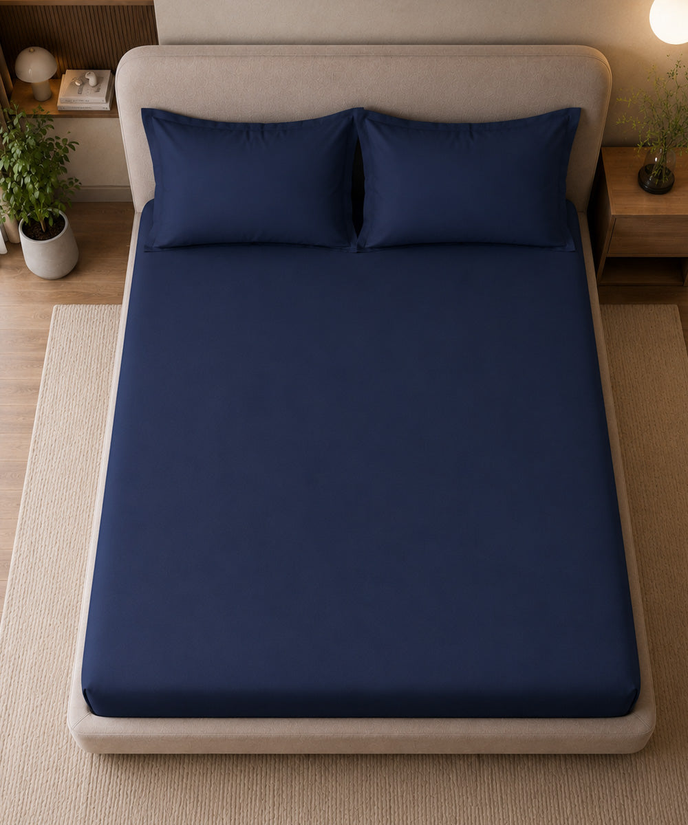 Dark Blue Solid Fitted Bedsheet With Pillow Cover