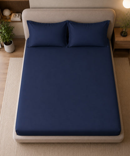 Dark Blue Solid Fitted Bedsheet With Pillow Cover