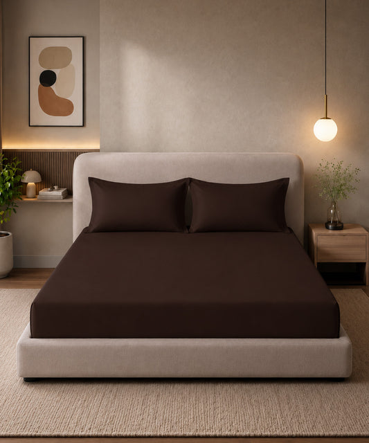Chocolate Brown Solid Fitted Bedsheet With Pillow Cover