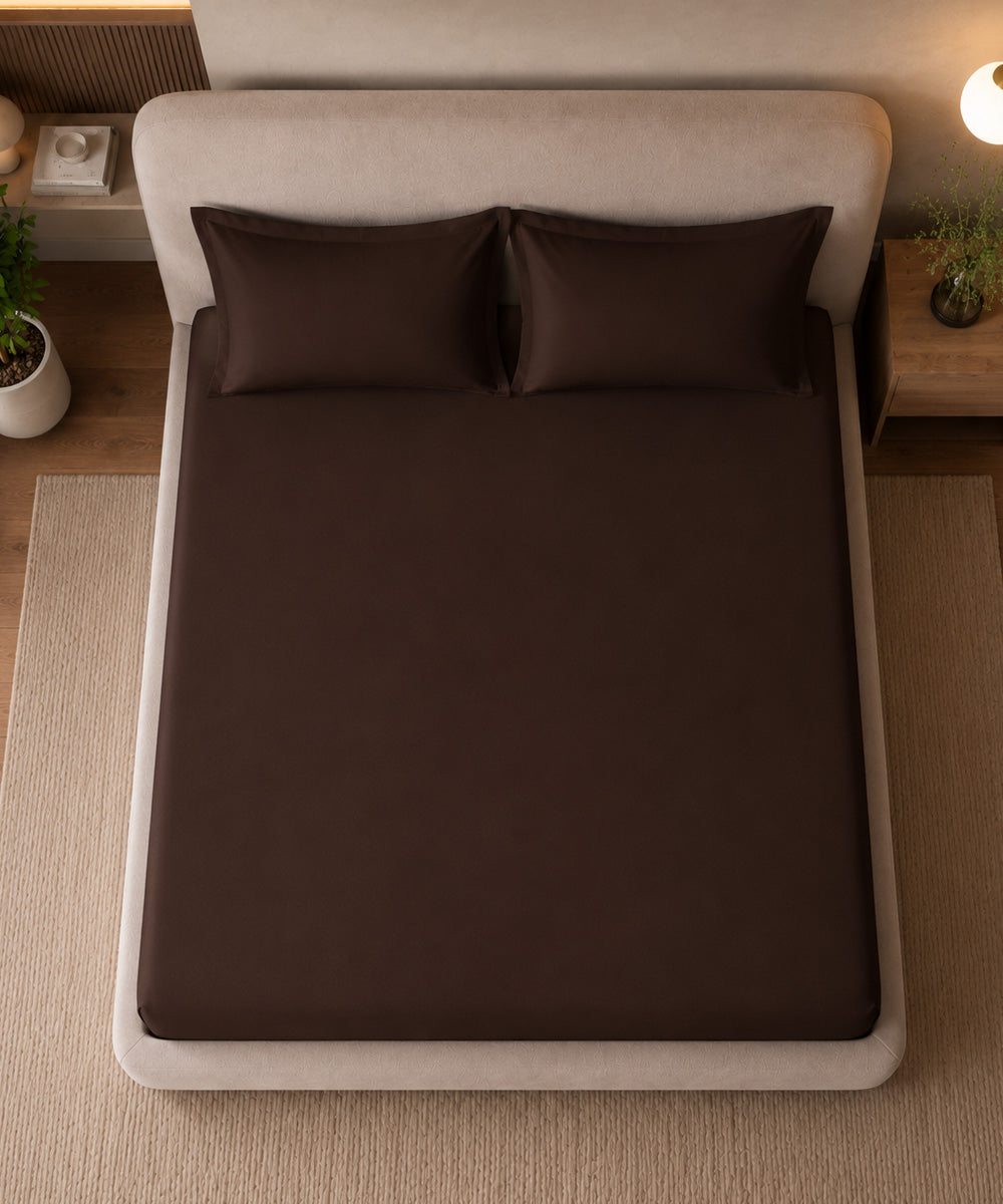Chocolate Brown Solid Fitted Bedsheet With Pillow Cover