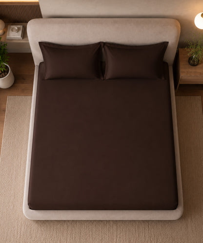 Chocolate Brown Solid Fitted Bedsheet With Pillow Cover
