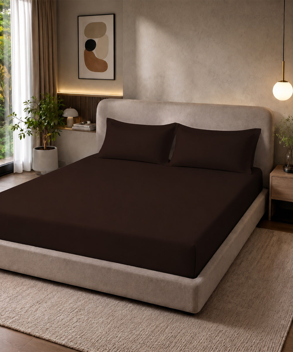 Chocolate Brown Solid Fitted Bedsheet With Pillow Cover