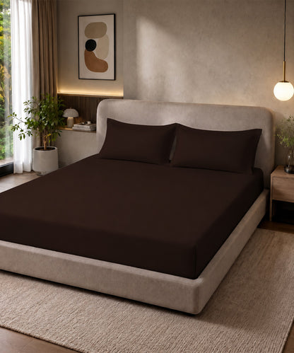 Chocolate Brown Solid Fitted Bedsheet With Pillow Cover