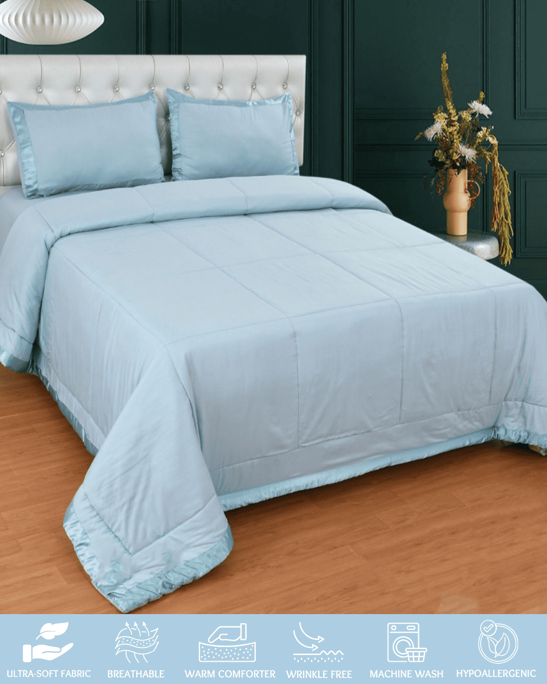 Pastel Powder Blue  Solid Flat Double Bedsheet With 2 Pillow Covers