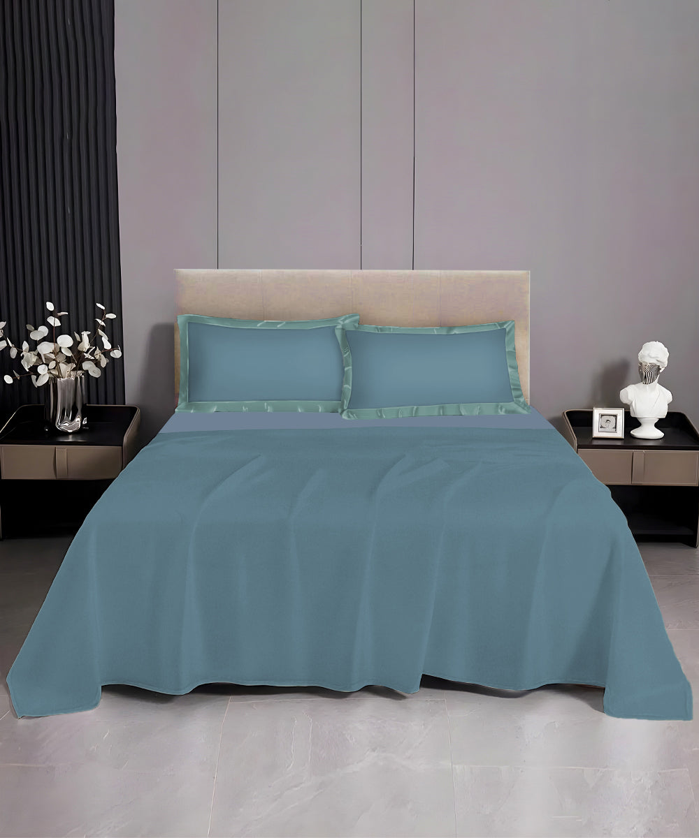 Pastel Blue Solid  Flat Double Bedsheet With 2 Pillow Covers