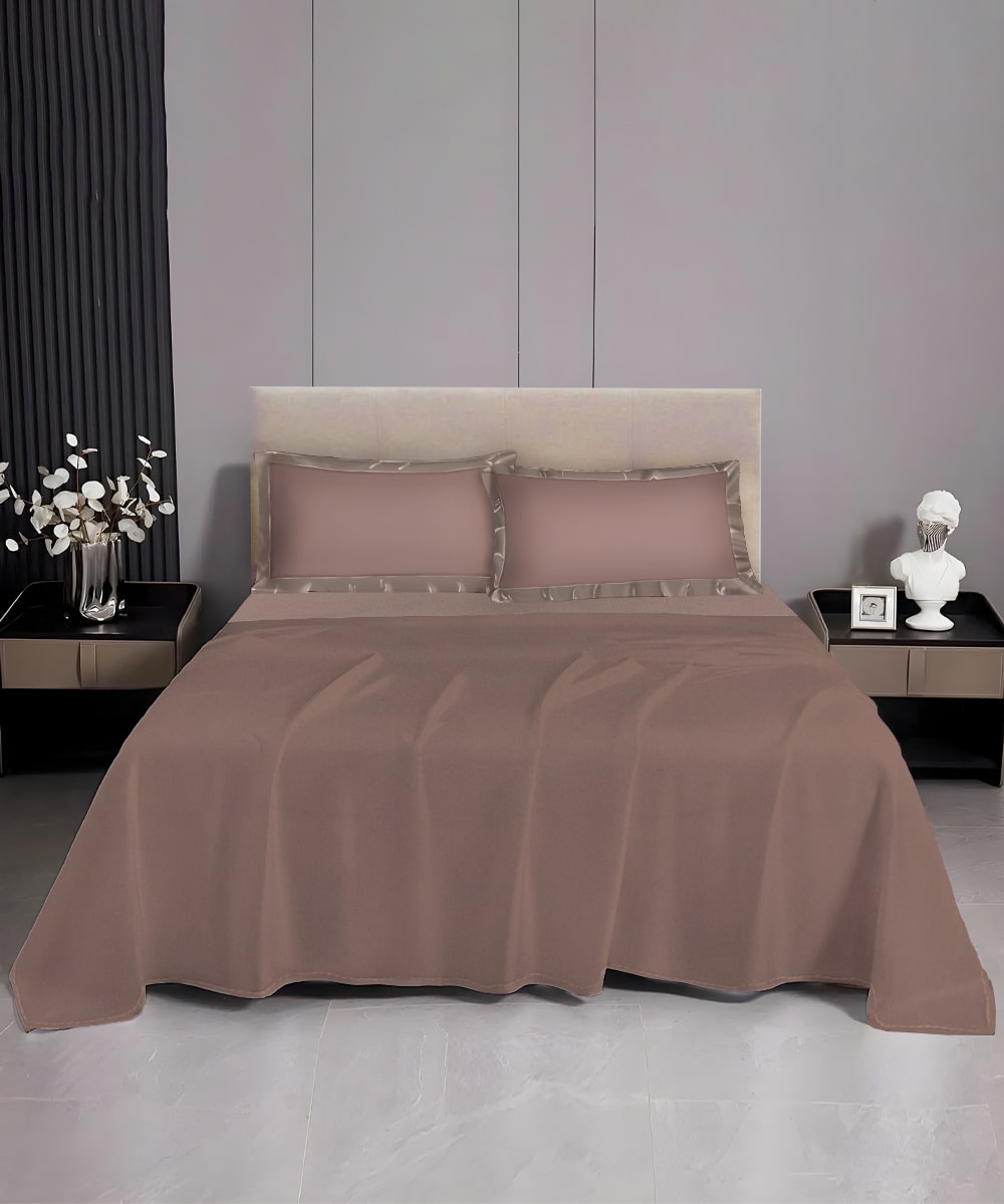 Pastel Brown Solid Super King Fitted Bedsheet With 2 Pillow Covers