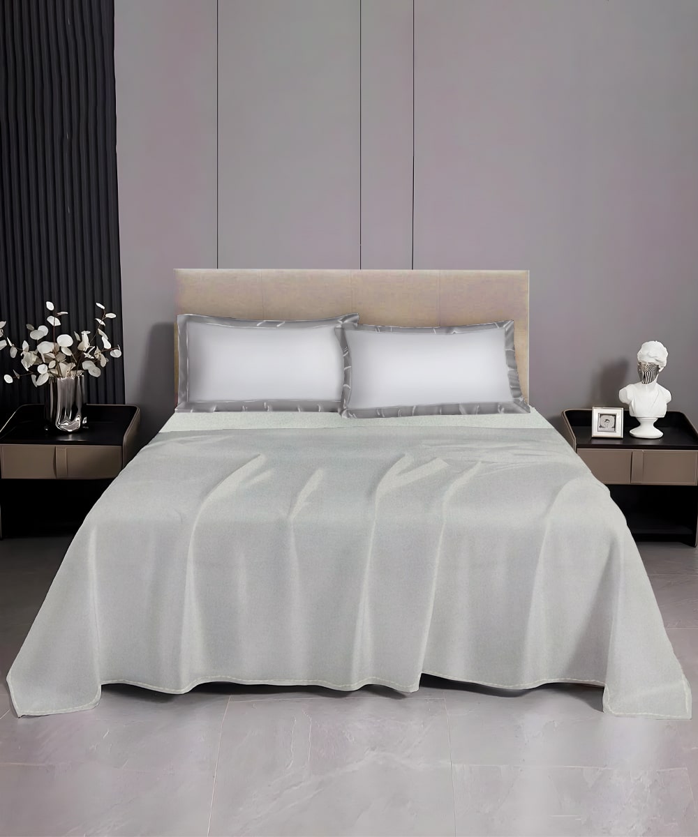Pastel Light Grey Solid Flat Bedsheet With Pillow Covers
