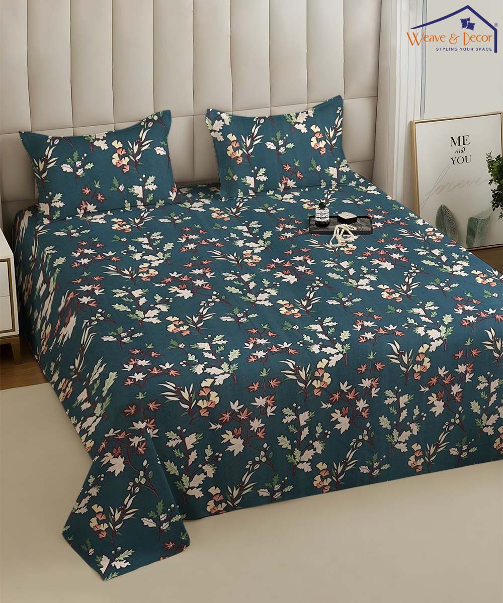 Teal Garden Flat Bedsheet With Pillow Covers