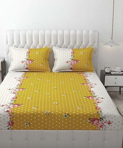 Mustard Floral King Fitted Bedsheet With 2 Pillow Covers