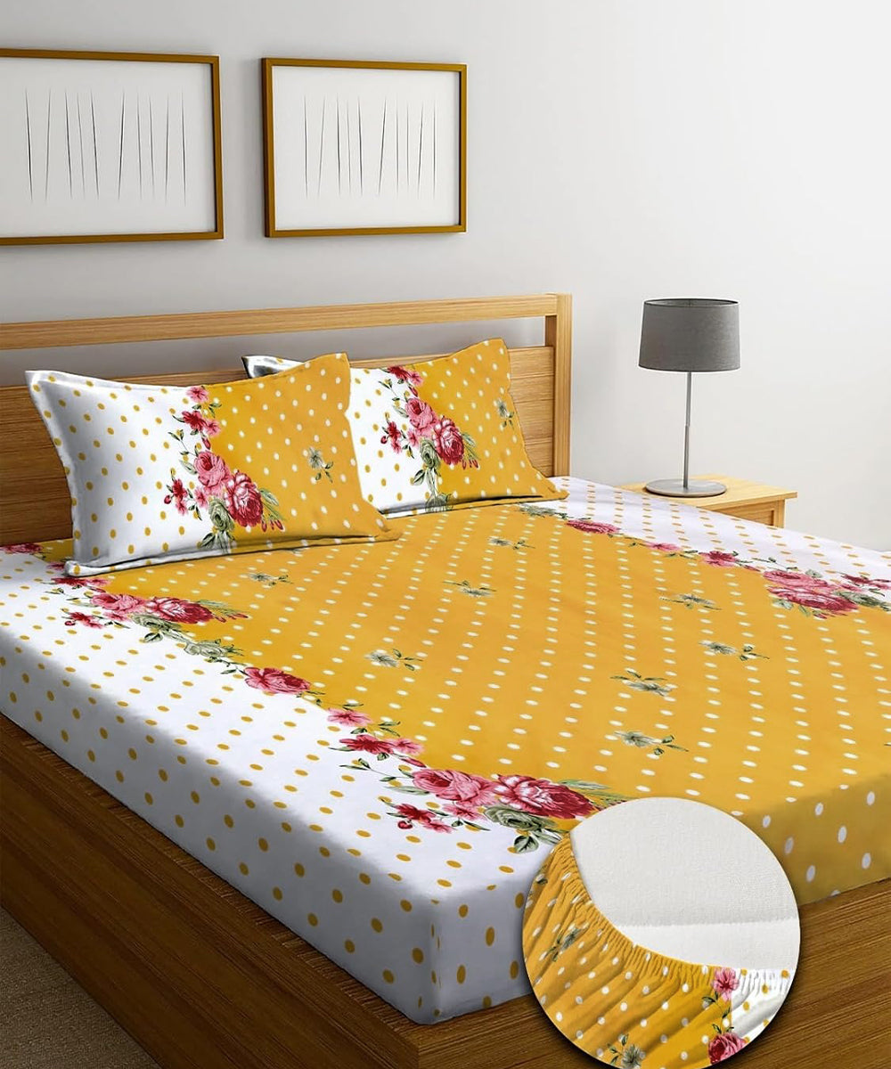 Mustard Floral King Fitted Bedsheet With 2 Pillow Covers