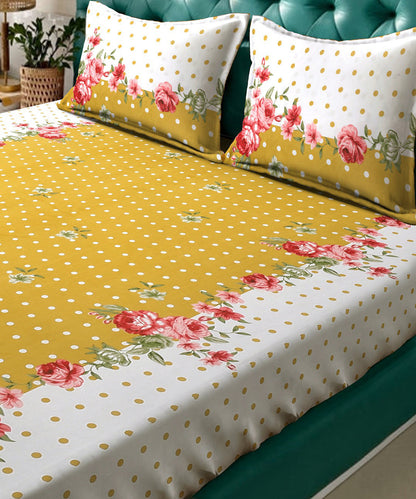 Mustard Floral King Fitted Bedsheet With 2 Pillow Covers