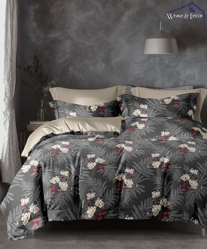  Charcoal Floral Elegance King Size Bedsheet With 2 Pillow Covers