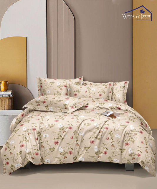 Cream Floral  Queen Fitted Bedsheet With 2 Pillow Covers