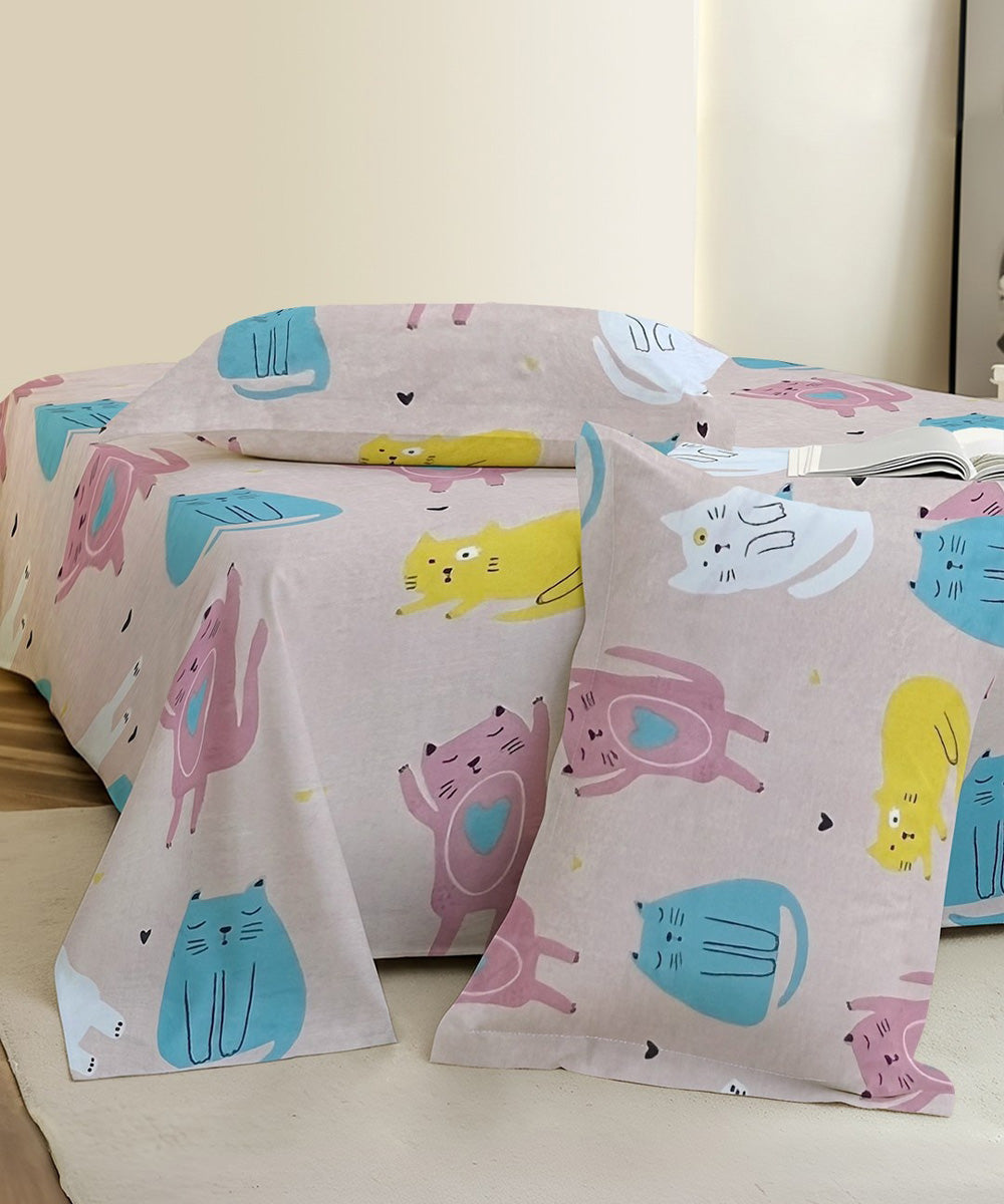 Cute Meow Kids Flat Bedsheet With Pillow Covers