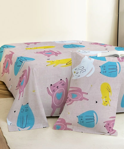 Cute Meow Kids Flat Bedsheet With Pillow Covers