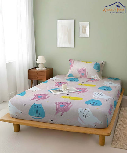 Cute Meow Kids Flat Bedsheet With Pillow Covers