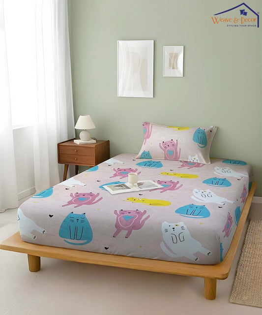 Cute Meow Kids Flat Bedsheet With Pillow Covers