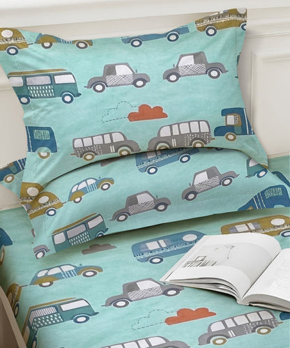 Mint Drive Kids Fitted Bedsheet With Pillow Cover