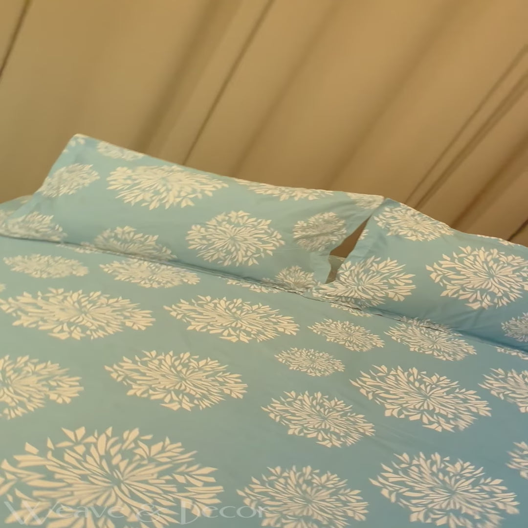 Blue Dandelion Floral Flat Double Bedsheet With 2 Pillow Covers