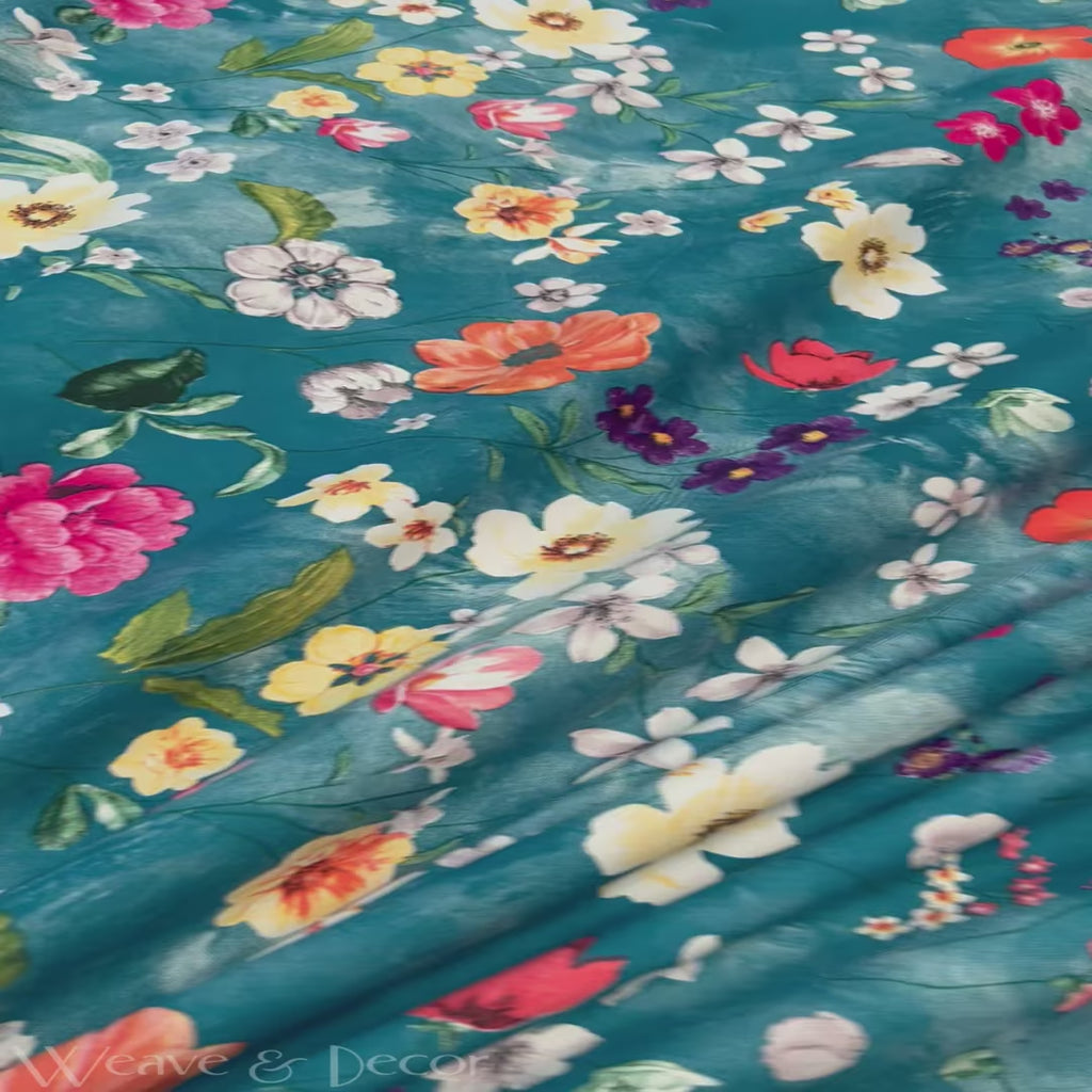 Teal Blossom Haven Flat Double Bedsheet With 2 Pillow Covers