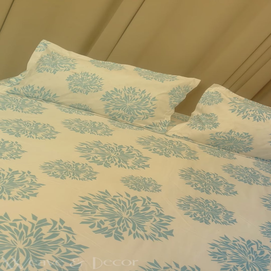 Aqua Burst Floral Flat Double Bedsheet With 2 Pillow Covers