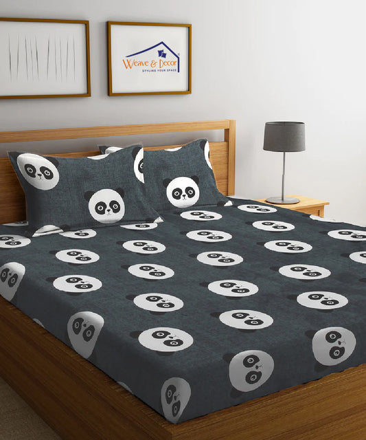 Grey Pandas Double Bedsheet With 2 Pillow Cover
