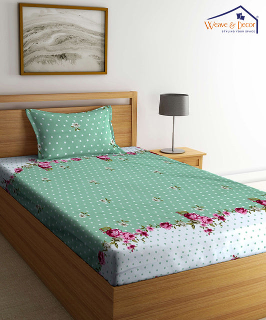 Green & White Floral Single Bedsheet With 1 Pillow Cover