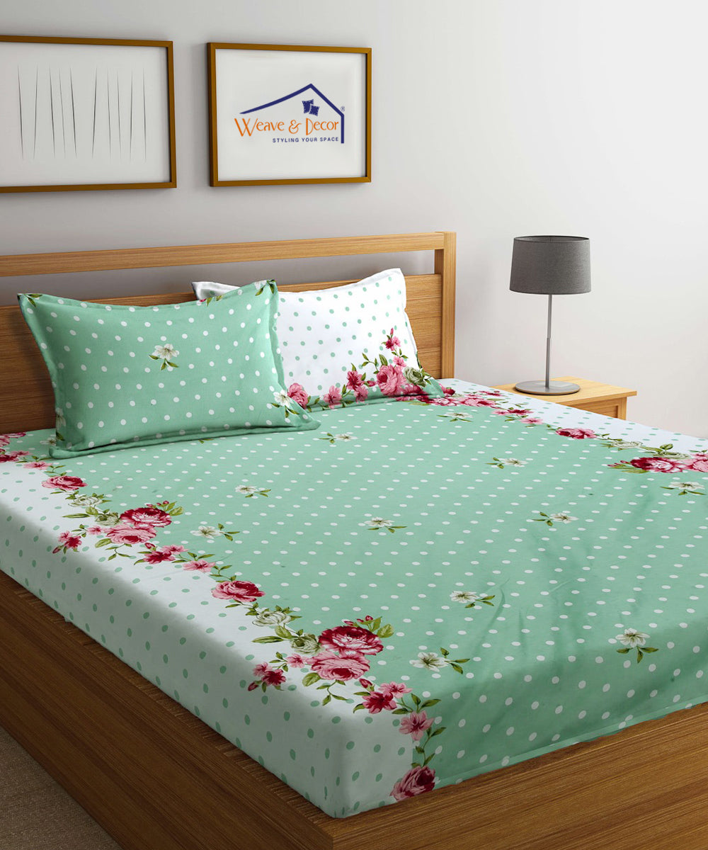 Green & White Floral Bedsheet With 2 Pillow Cover