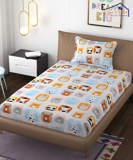 Cuddly Critters Kids Single Bedsheet With 1 Pillow Cover