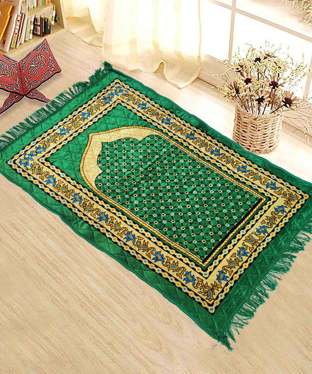 Green Velvet Janamaz Prayer Mat / Rug