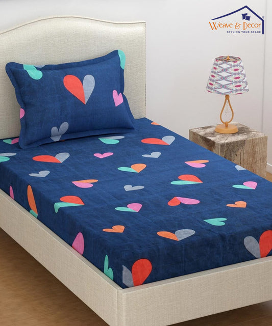 Blue Hearts Single Fitted Bedsheet With 1 Pillow Cover