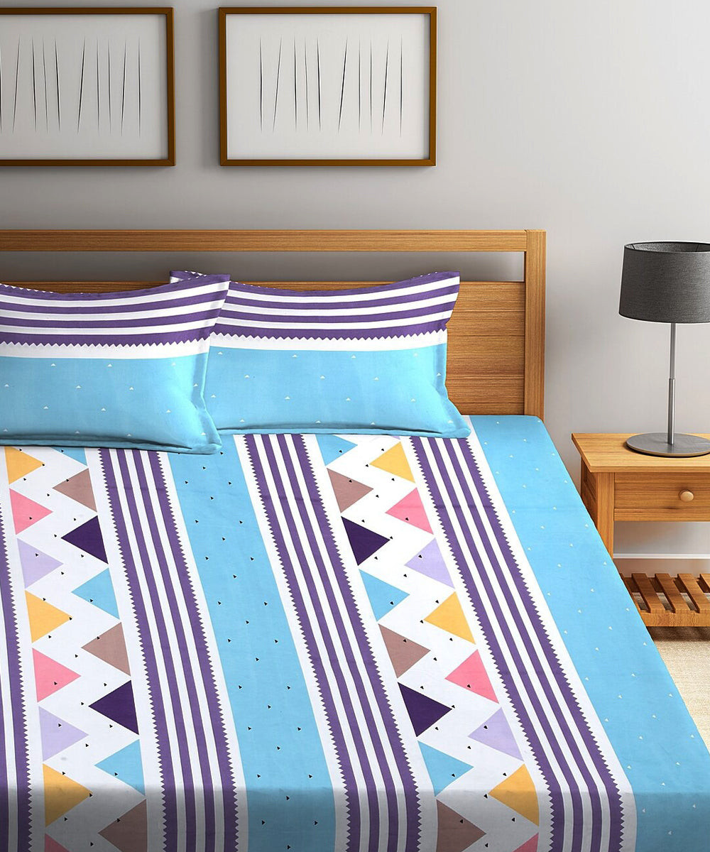 Blue Geometric Double Bedsheet With 2 Pillow Cover