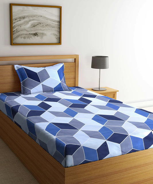 Blue Geometric Single Fitted Bedsheet With 1 Pillow Cover