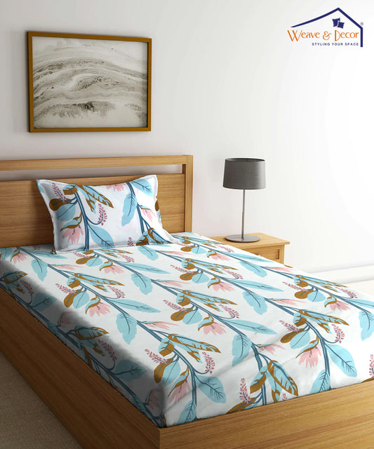 Green and Beige Floral Single Bedsheet With 1 Pillow Cover