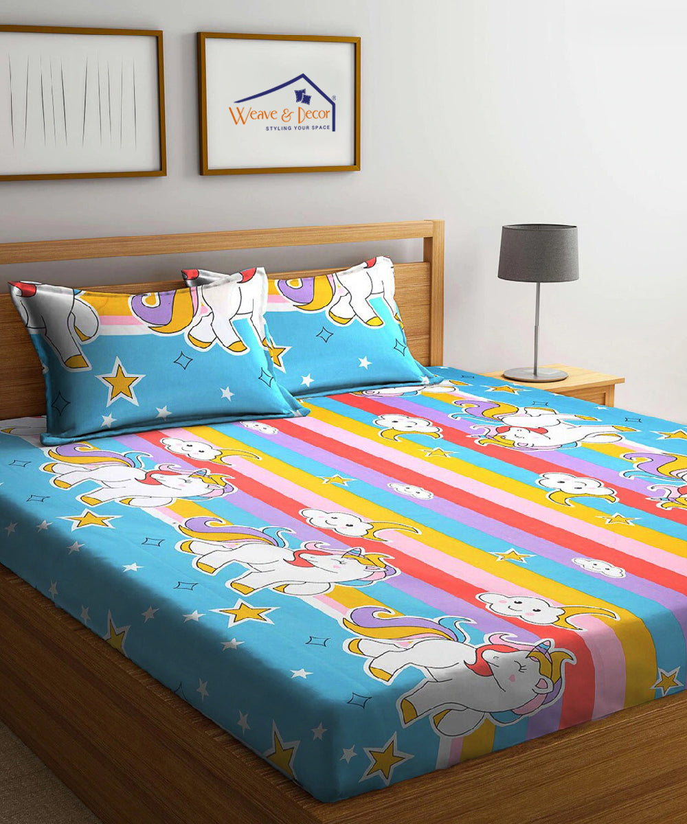 Unicorn Print King Size Bedsheet with 2 Pillow Covers