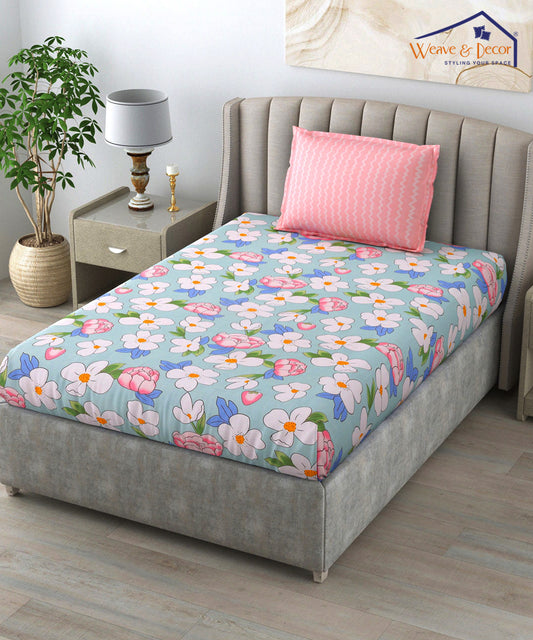 Green Floral Single Fitted Bedsheet With 1 Pillow Cover