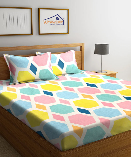 Hexa Geometric Queen Fitted Bedsheet With 2 Pillow Covers