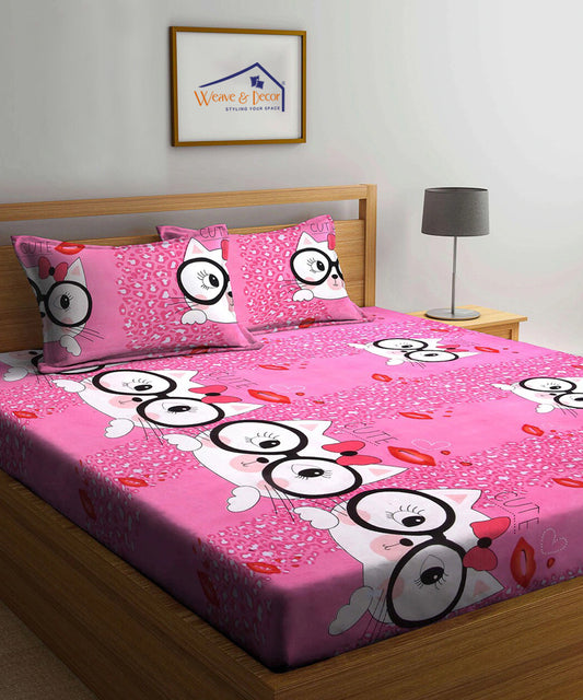 Cute Cat Kids King Fitted Bedsheet With 2 Pillow Covers