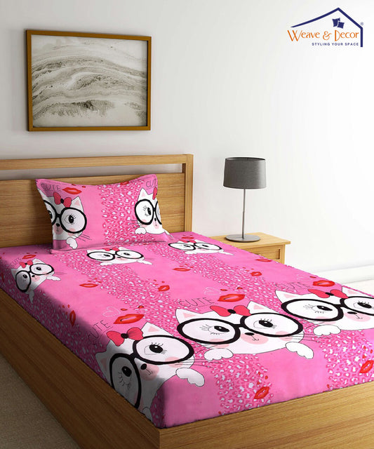 Cute Cat Kids Single Bedsheet with 1 Pillow Cover