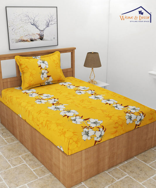 Mustard Floral Single Fitted Bedsheet With 1 Pillow Cover