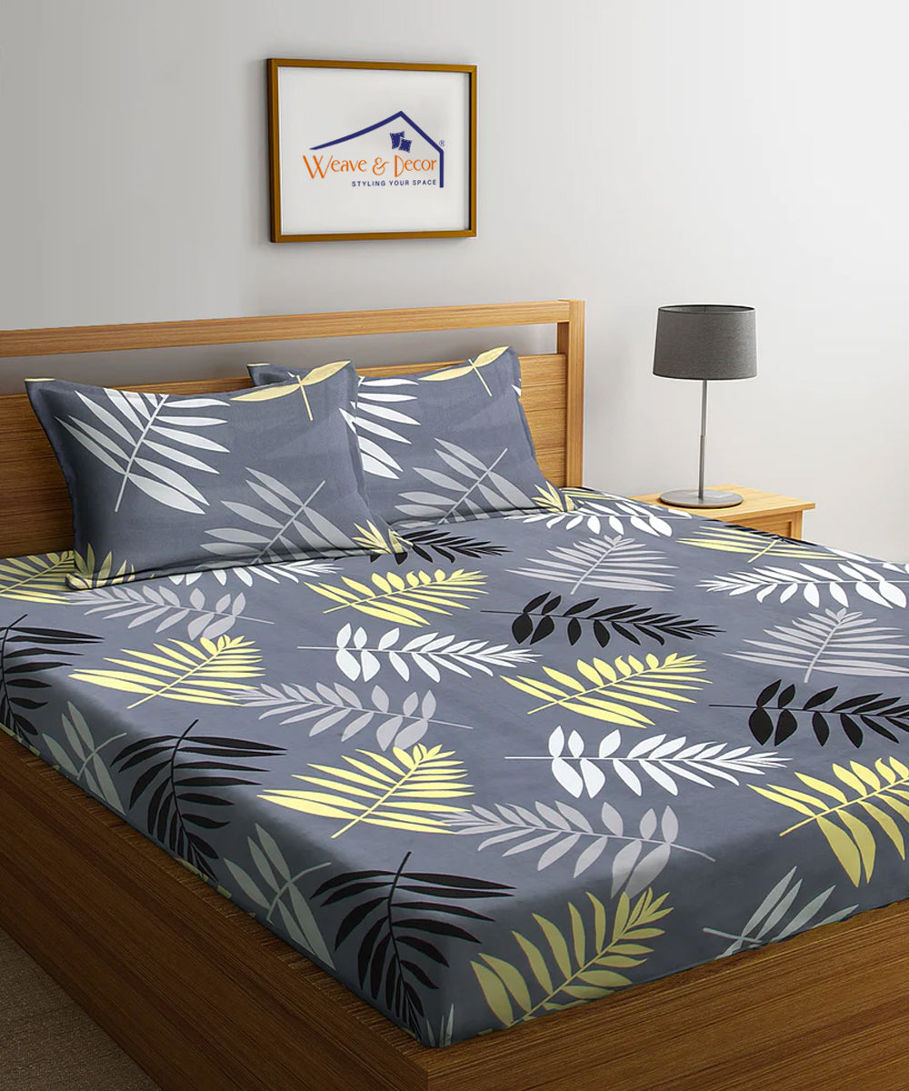 Grey Floral Double Bedsheet With 2 Pillow Cover