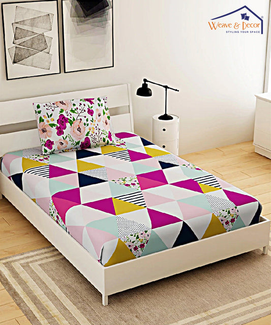 Multicolor Single Fitted Bedsheet With 1 Pillow Cover