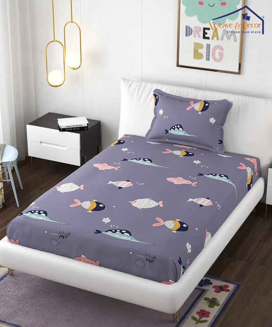Underwater Dreams Fish Kids Single Bedsheet With 1 Pillow Cover