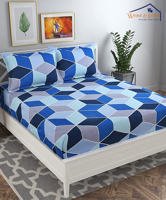Blue Geometric Queen Fitted Bedsheet With 2 Pillow Covers