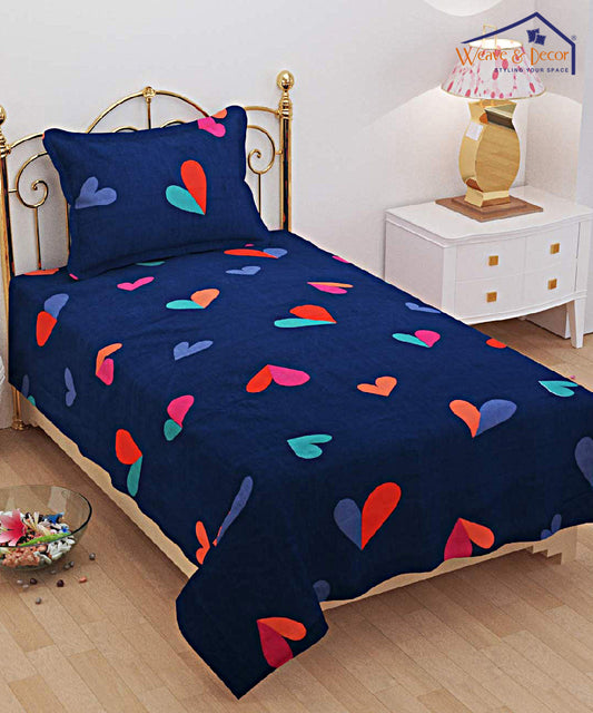 Hearts Blue Single Bedsheet With 1 Pillow Cover
