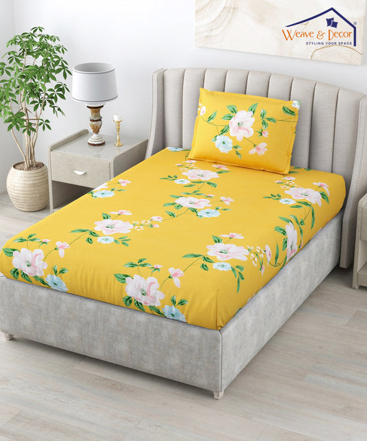 Yellow Floral Single Bedsheet With 1 Pillow Cover