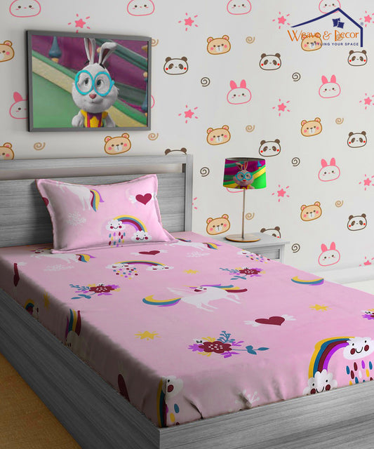 Unicorn Dreams Kids Single Bedsheet With 1 Pillow Cover