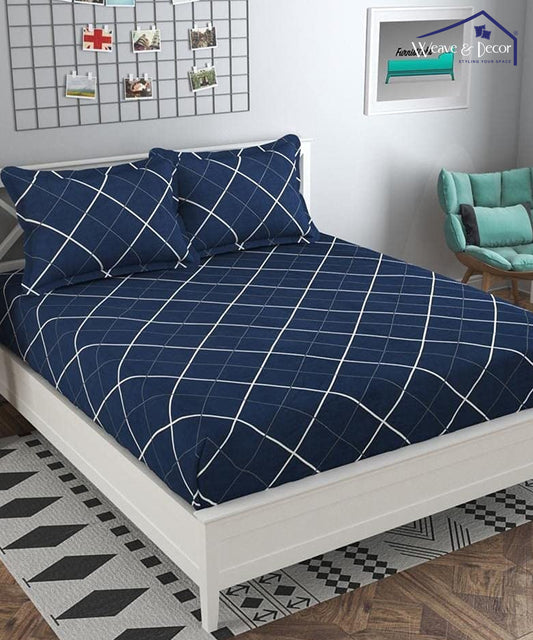 Blue Checks Queen Fitted Bedsheet With 2 Pillow Covers