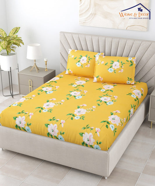 Yellow Floral Super King Fitted Bedsheet With 2 Pillow Covers