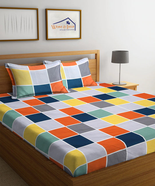 Blue Checks King Fitted Bedsheet With 2 Pillow Covers